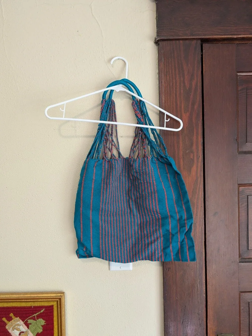 Mercado Bag Chiapas Woven Tote Bag‎ By Collectivo In Teal And Coral 100% Cotton